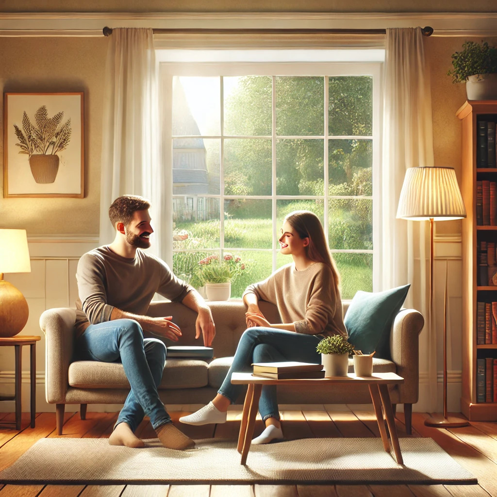 Eine gemütliche Wohnzimmerszene zeigt ein glückliches Paar, das zusammen auf einem bequemen Sofa sitzt und sich angeregt unterhält. Die warme Beleuchtung des Raumes wird durch eine weiche Lampe erzeugt. Im Hintergrund befindet sich ein Bücherregal voller Bücher und ein Fenster, das einen Blick auf einen friedlichen Garten bietet. Die Atmosphäre des Raumes strahlt Harmonie und Glück aus, passend zur Essenz des Buches "100 x glücklicher".