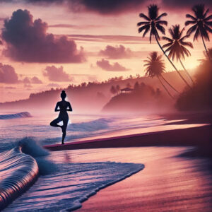Ein ruhiger Ozean bei Sonnenaufgang mit sanften Wellen, die auf einen sandigen Strand zurollen. Eine Silhouette einer Person, die Yoga am Strand praktiziert, strahlt Frieden und Achtsamkeit aus. Im Hintergrund wiegen sich Palmen leicht im Wind. Der Himmel ist in sanften Tönen von Rosa, Orange und Lila gefärbt.