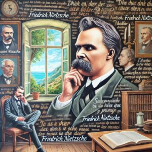 Ein Porträt von Friedrich Nietzsche, umgeben der Weisheit in Nietzsches besten Zitaten und Ihre Bedeutung