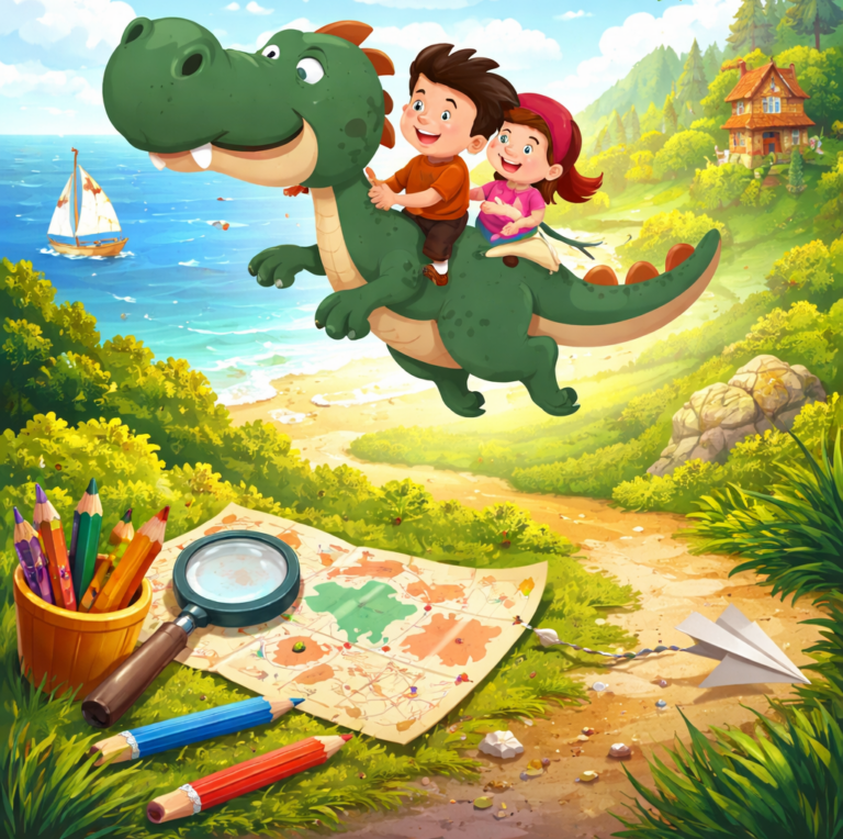 Illustration eines fröhlichen Jungen und eines Mädchens, die auf einem grünen Dinosaurier durch eine fantasievolle Landschaft mit Meer, Wald und Abenteuerelementen fliegen – inspiriert vom Kinderbuch „Olli entdeckt seine Abenteuer“.