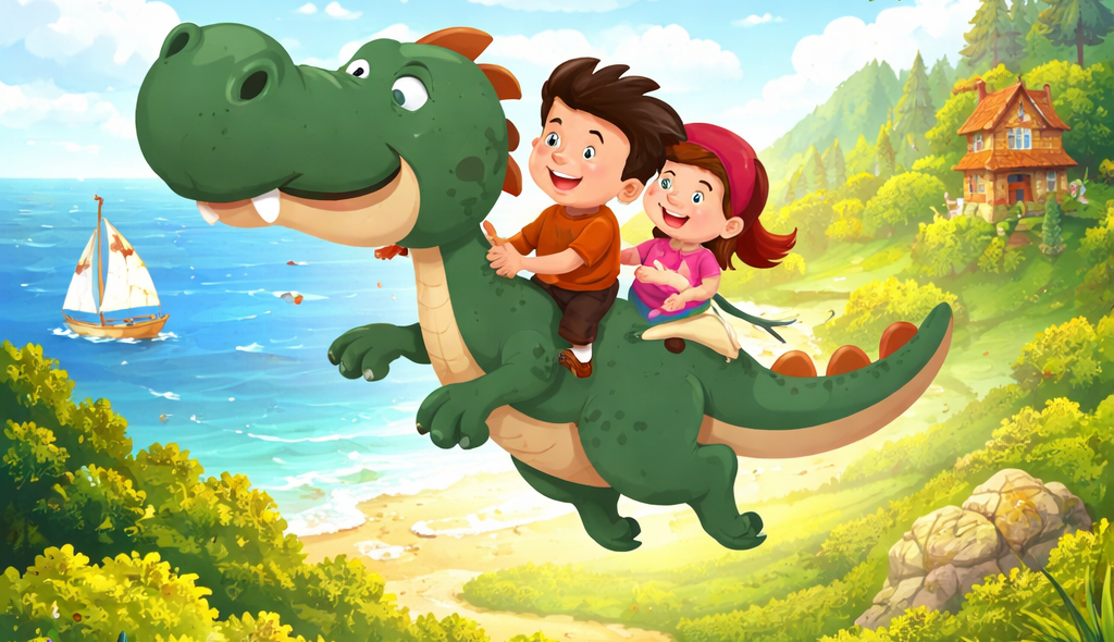 Illustration eines fröhlichen Jungen und eines Mädchens, die auf einem grünen Dinosaurier durch eine fantasievolle Landschaft mit Meer, Wald und Abenteuerelementen fliegen – inspiriert vom Kinderbuch „Olli entdeckt seine Abenteuer“.