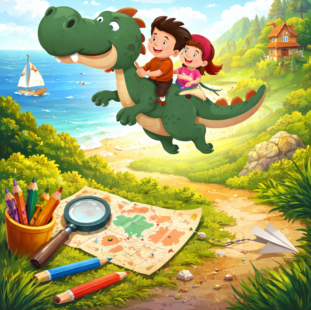 Illustration eines fröhlichen Jungen und eines Mädchens, die auf einem grünen Dinosaurier durch eine fantasievolle Landschaft mit Meer, Wald und Abenteuerelementen fliegen – inspiriert vom Kinderbuch „Olli entdeckt seine Abenteuer“.
