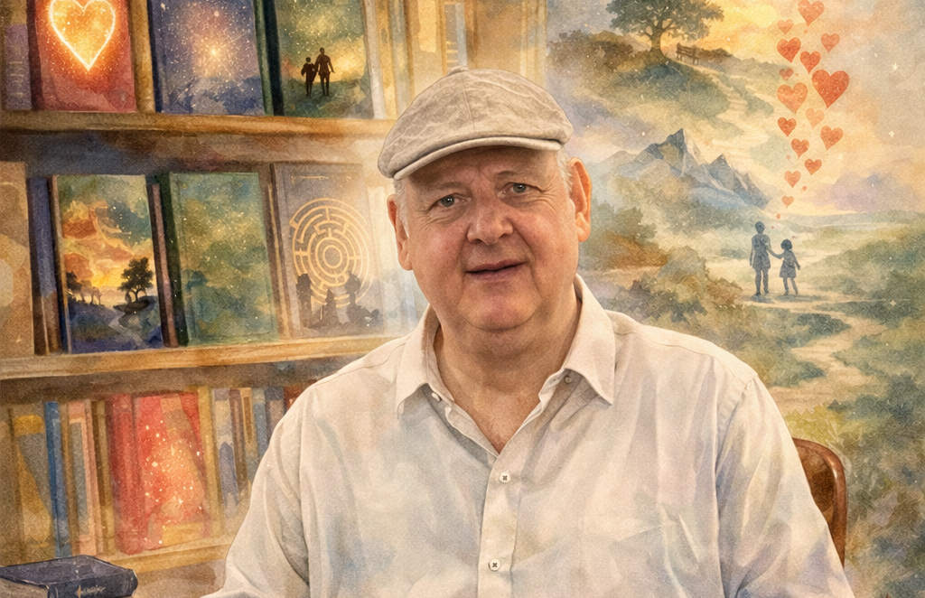 „Porträt von Olaf Mohr in künstlerischer Illustration, umgeben von symbolischen Motiven seiner Bücher über Gefühle und Menschlichkeit“