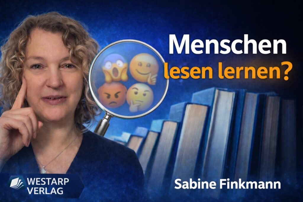Porträt von Sabine Finkmann vor blauem Hintergrund mit Büchern und einer Lupe, die verschiedene Emotionen symbolisiert. Titel: „Menschen lesen lernen?“