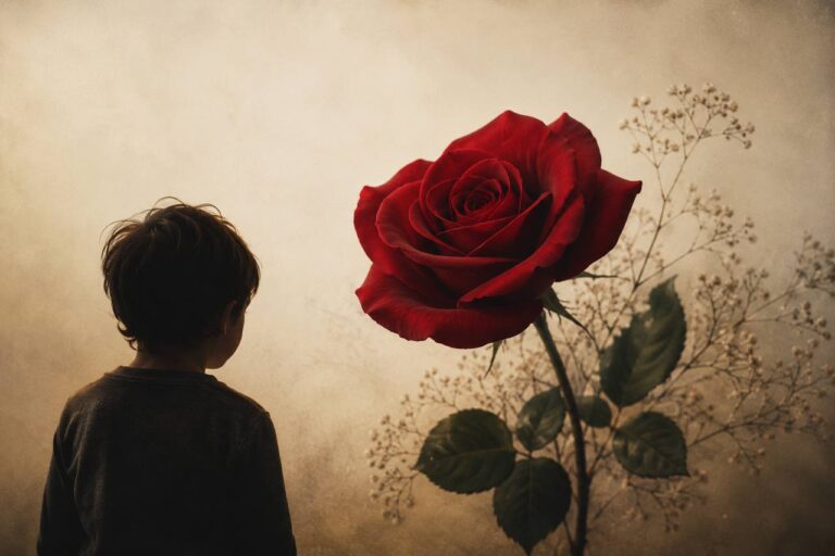 Ein nachdenklich wirkendes Kind sitzt im warmen Licht neben einer roten Rose in einer Vase. Die ruhige, melancholische Atmosphäre symbolisiert Liebe, Geborgenheit und die emotionale Welt der Kindheit.