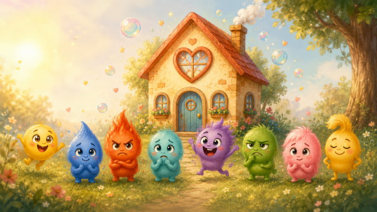 Illustration eines liebevollen Gefühlehauses mit acht bunten Gefühlsfiguren, die verschiedene Emotionen von Kindern symbolisieren.