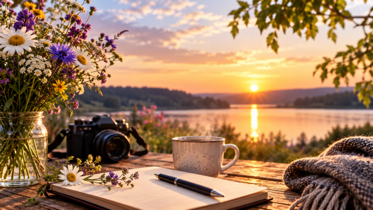 Blumen, Kamera und Notizbuch vor einem See im warmen Licht des Sonnenuntergangs