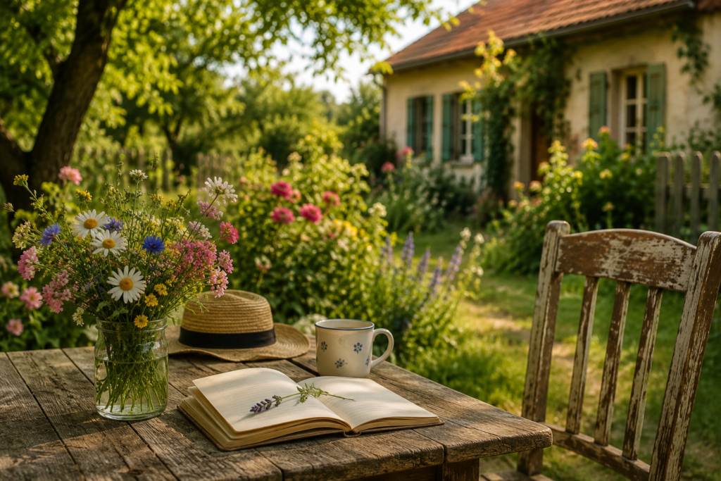 Sommerlicher Garten mit Holztisch, Wildblumen, offenem Buch und leerem Stuhl vor einem ländlichen Haus.