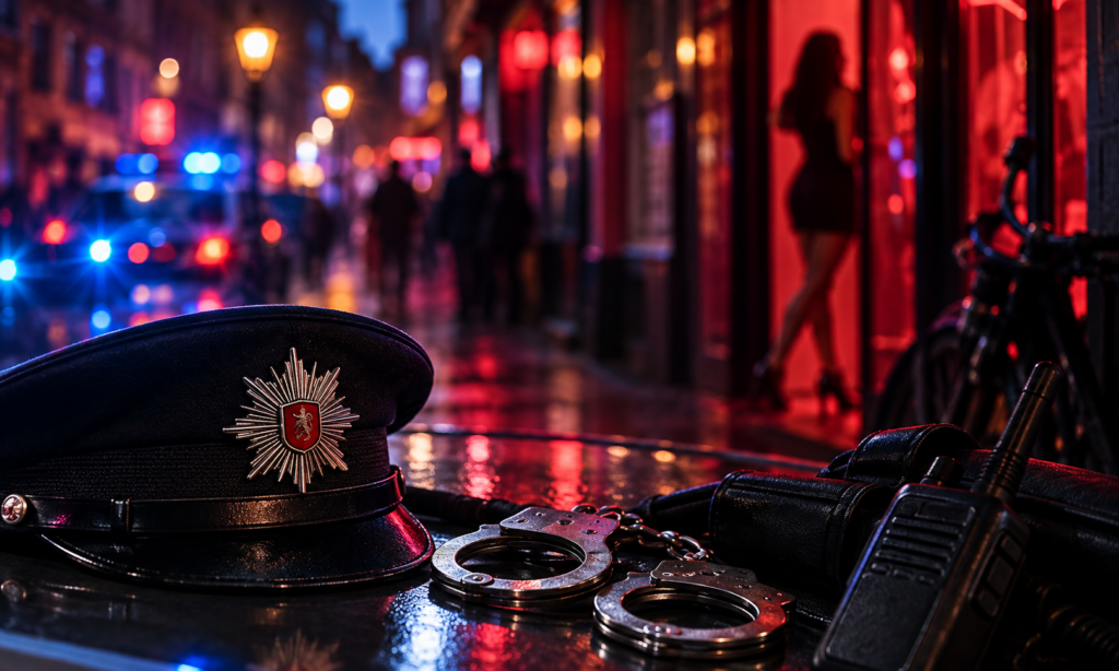 Nächtliches Rotlichtviertel mit Polizeimütze, Handschellen und Funkgerät vor einem Polizeieinsatz
